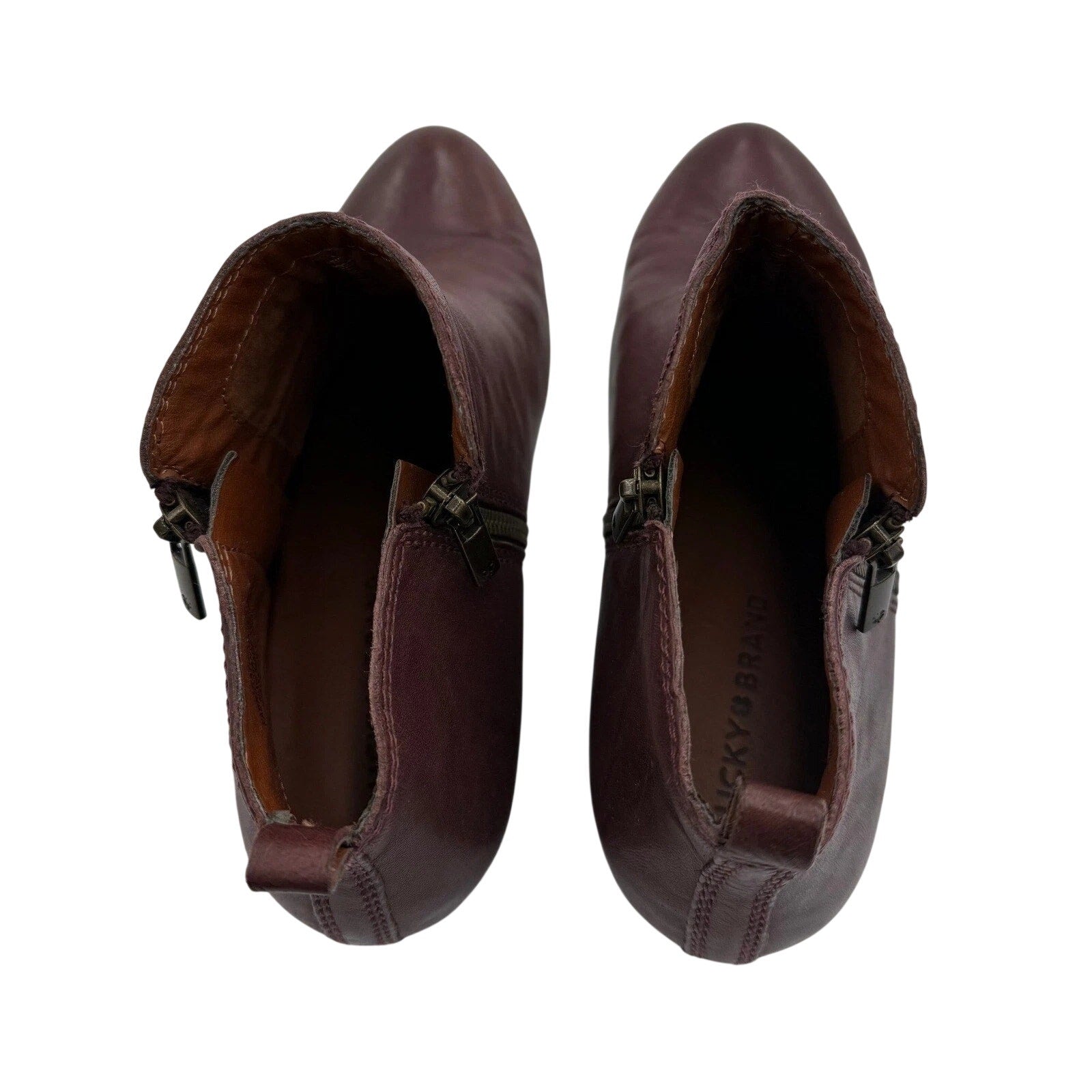 Lucky Brand Basel Burgundy Leather Ankle Booties Side Zip Stacked Heel | Size 9