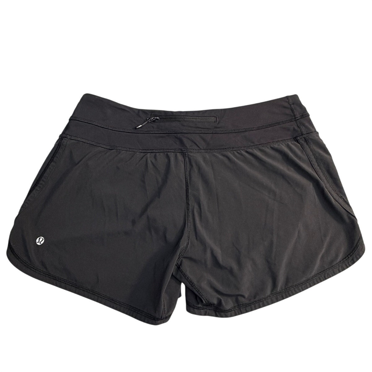 Black Lululemon women's running shorts with a zip back pocket, size 8, designed for comfort and active wear.