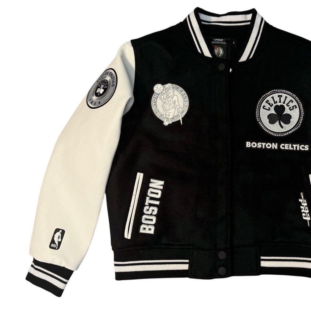 Pro Standard Boston Celtics varsity jacket in size small, featuring green and white team colors with varsity lettering and athletic style.