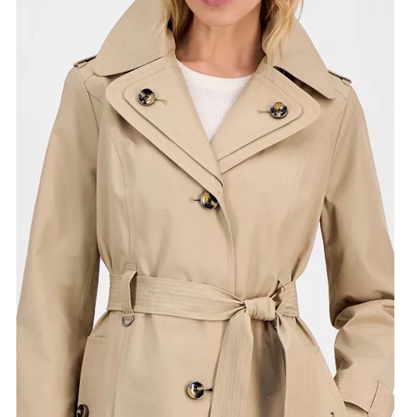 London Fog women's double lapel trench coat in size large, classic beige color, shown on a hanger.