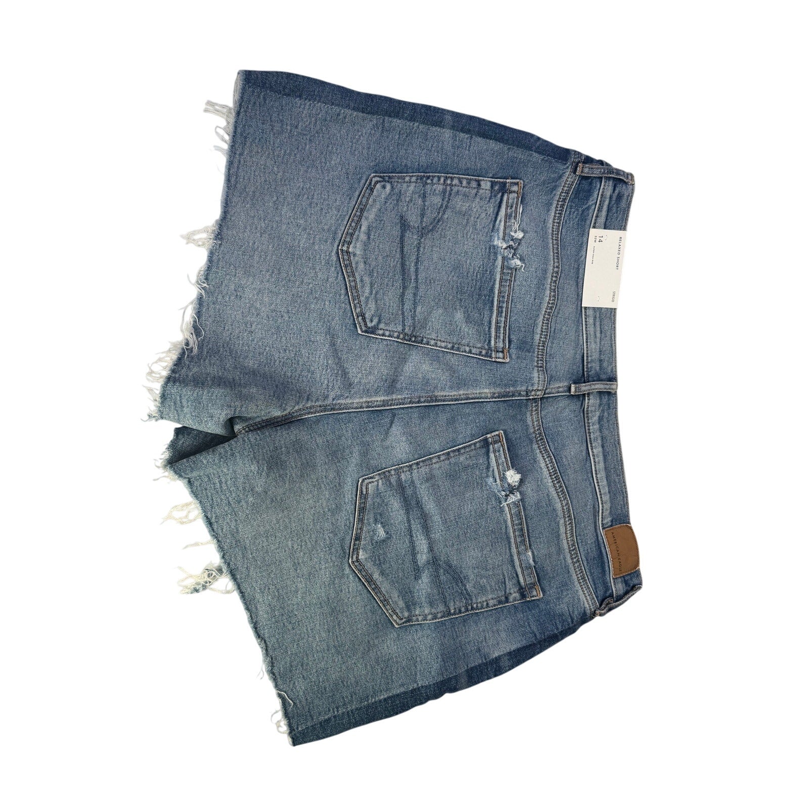 American Eagle women's Strigid relaxed high-rise distressed denim shorts, size 14, with frayed hems and distressed details.