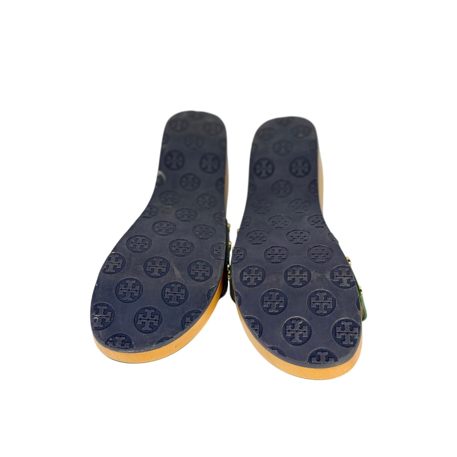 Tory Burch green patent leather slide sandals for women, size 8.5, featuring a sleek design made in Brazil.