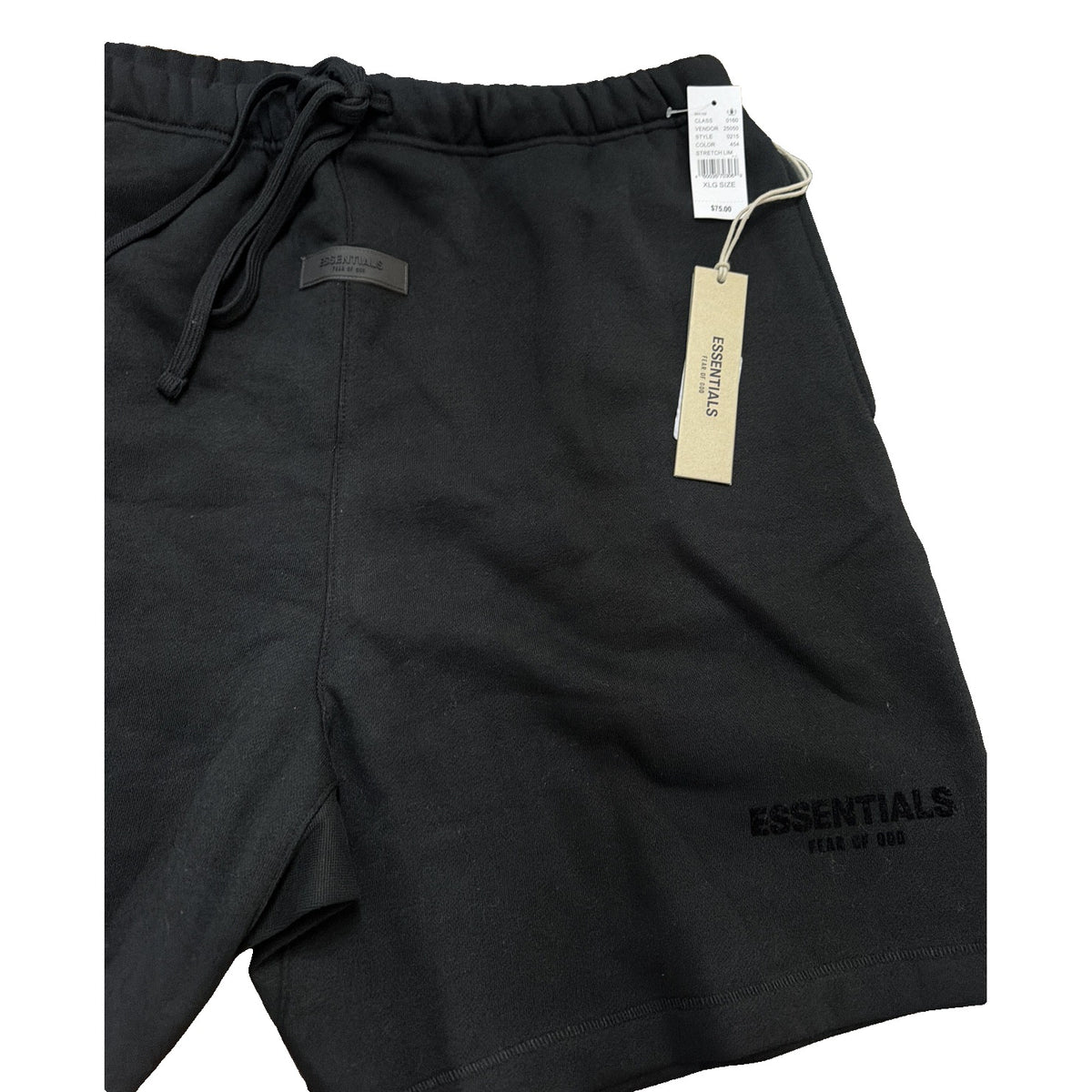 Essentials Fear of God men's black fleece sweat shorts, size XL, shown flat with drawstring waist and relaxed fit.