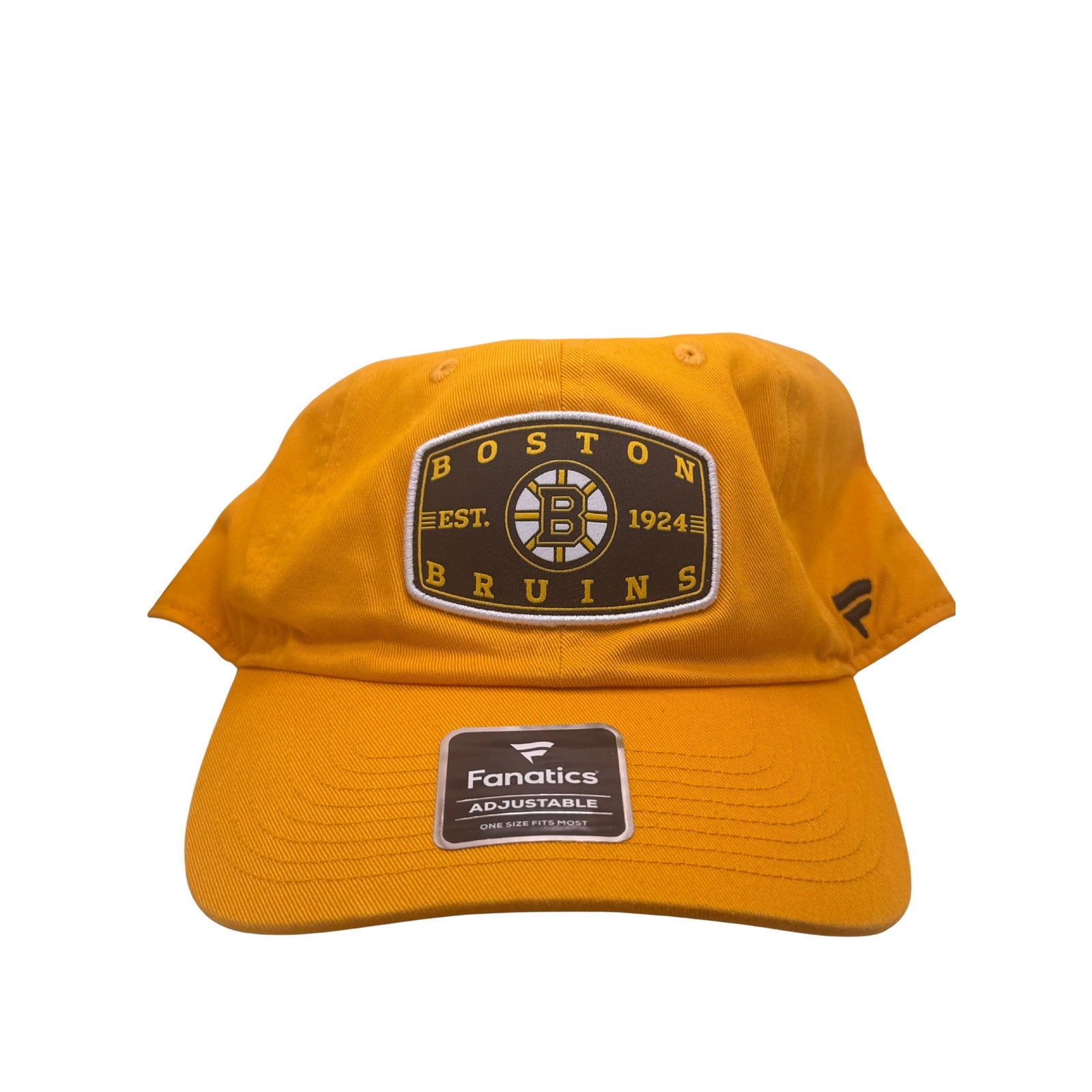 Fanatics Boston Bruins adjustable gold NHL hat, one size fits most, featuring team logo and sporty design.