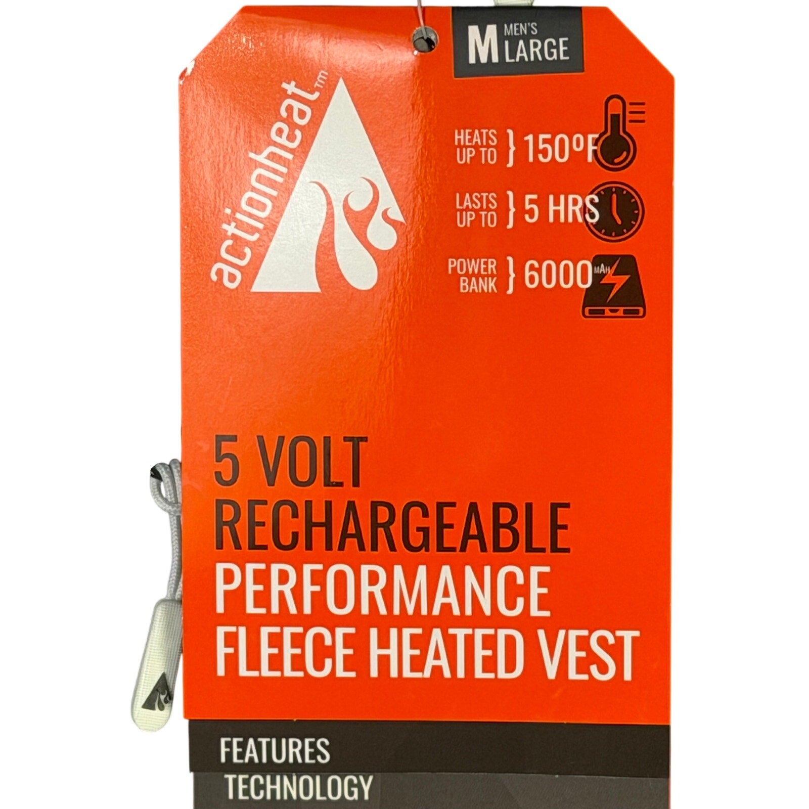 ActionHeat men's black rechargeable heated fleece vest size L with 5V power bank, designed for warmth and outdoor comfort.
