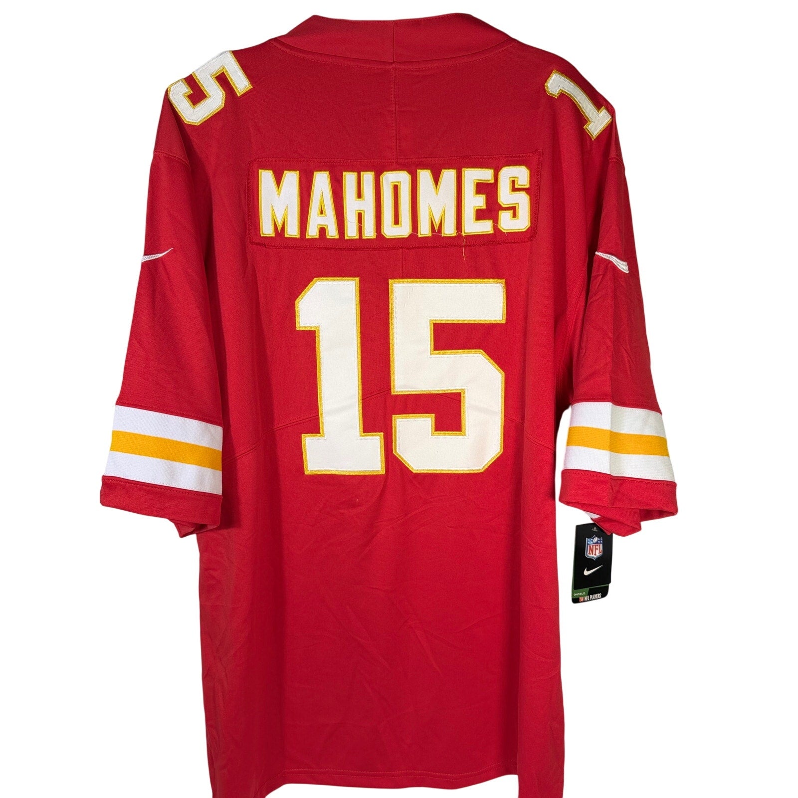 Nike NFL Kansas City Chiefs Patrick Mahomes #15 men's on-field jersey in size XXL, featuring team logo and player details.
