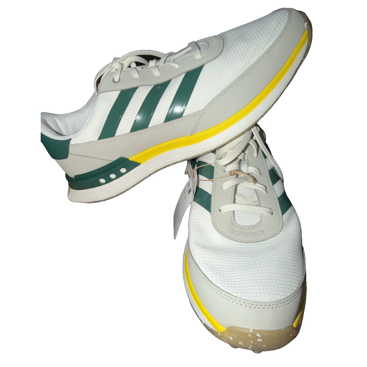 adidas men's spikeless golf shoes in cream green and yellow, size 13, showing the sporty design and textured sole.