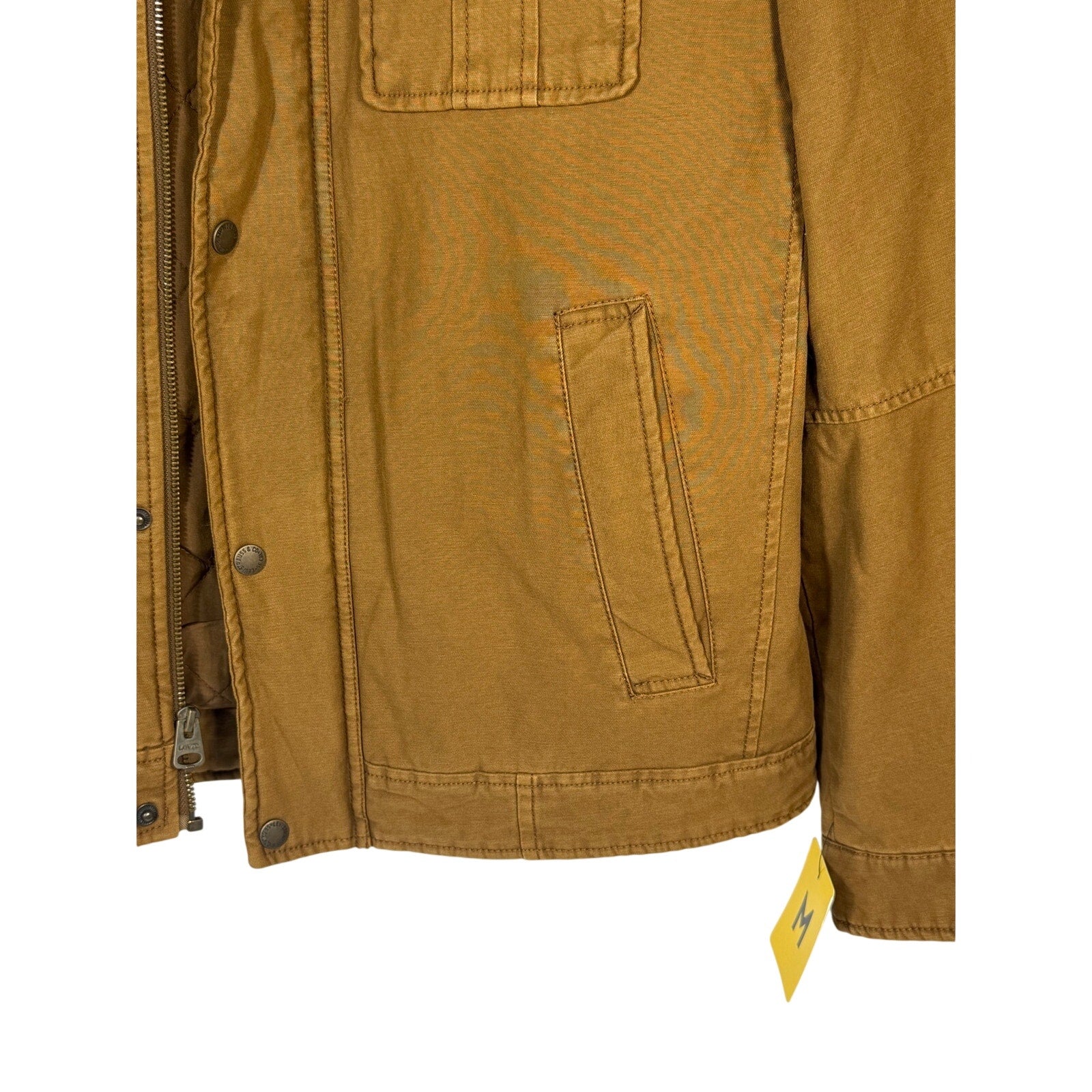Levi’s men's tan canvas quilted utility field jacket, size medium, showing front view with quilted collar and utility pockets.