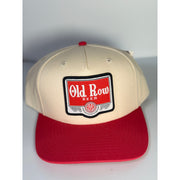 Old Row Beer snapback hat in red and cream, adult-sized baseball cap with embroidered logo, new with tags.