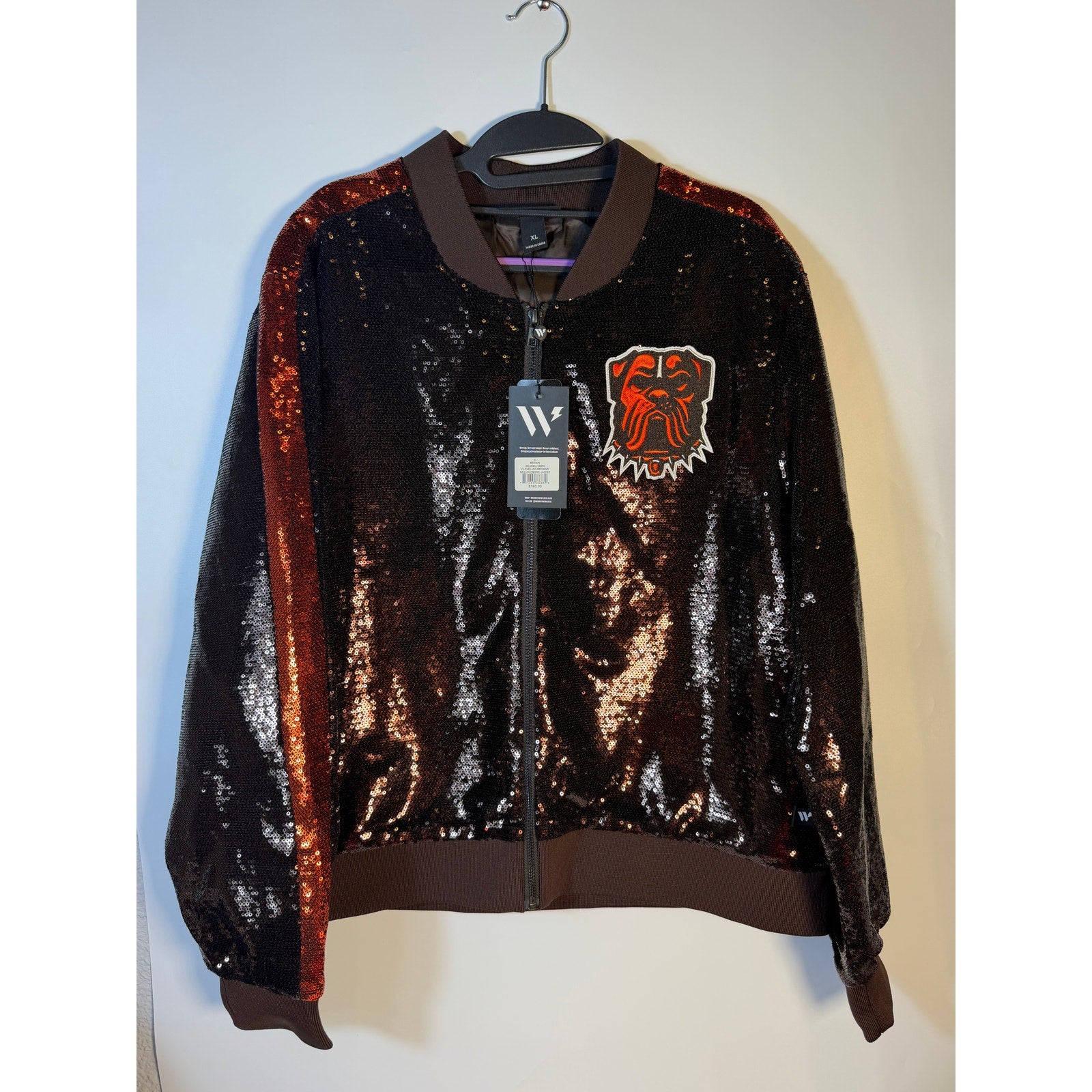 Women's XL The Wild Collective Cleveland Browns sequin ombre bomber jacket with colorful shimmer and ribbed cuffs.