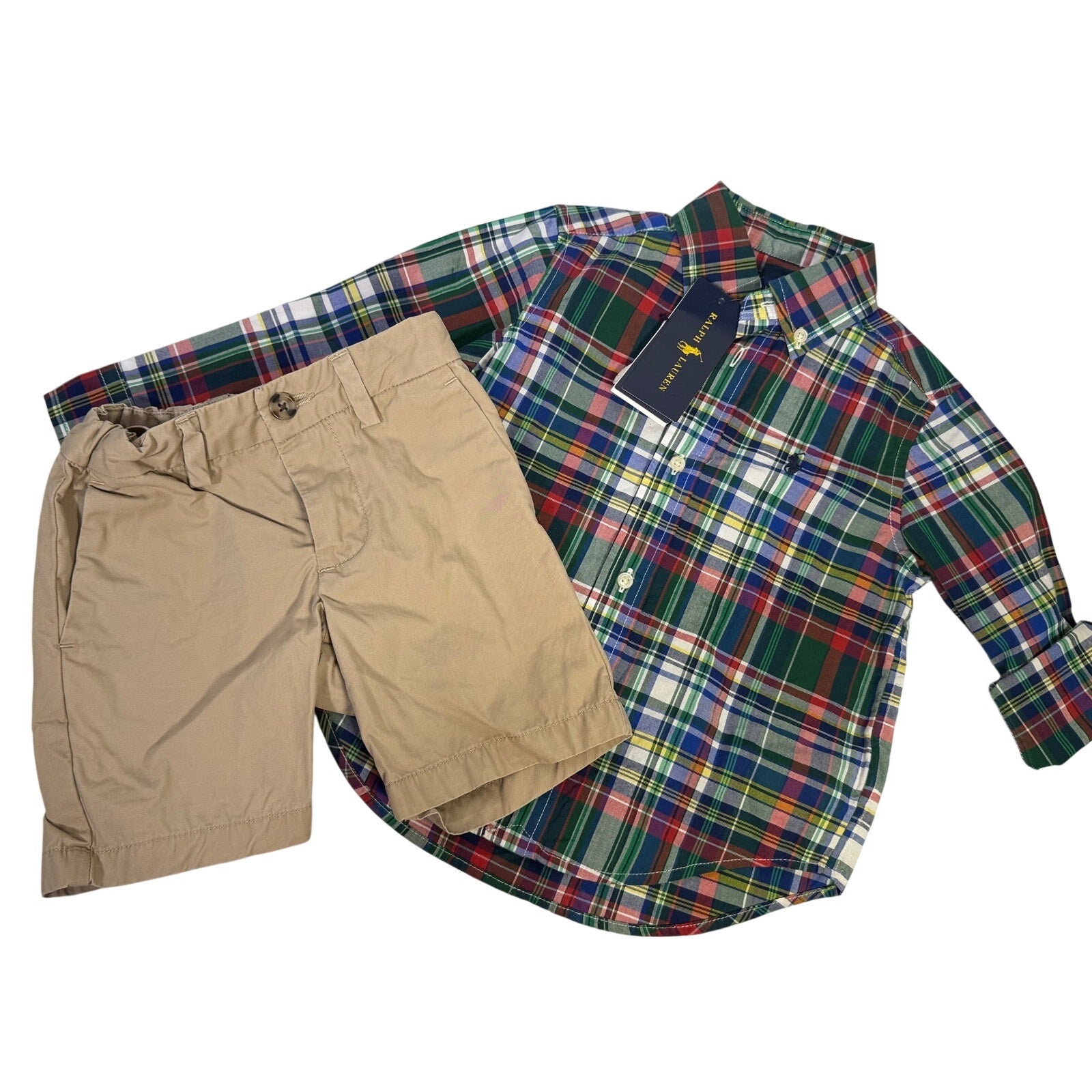 Ralph Lauren boys plaid shirt in khaki and chino shorts, size 2T, casual clothing outfit set for young boys.