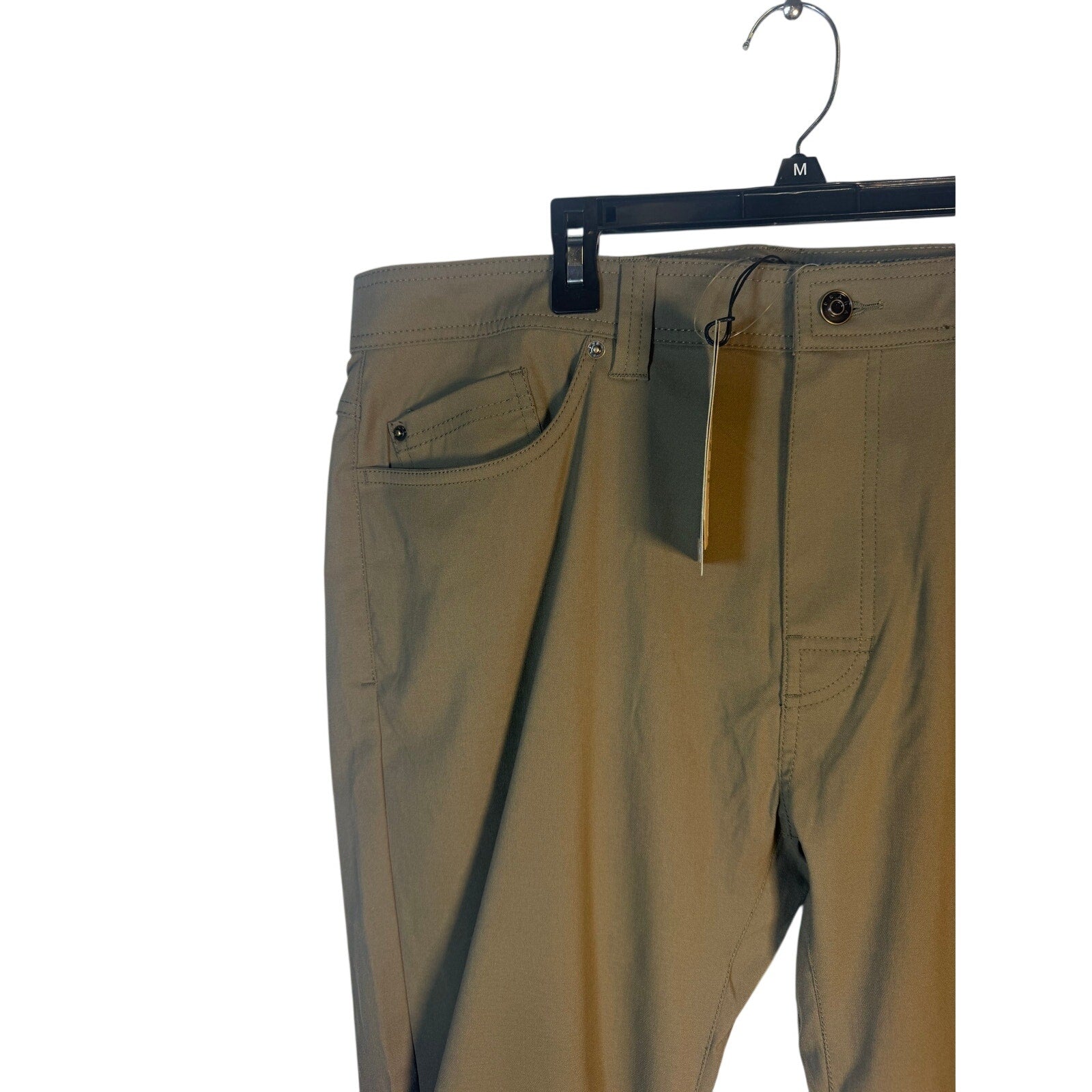 Men's prAna Brion Pants in size 36x32, slate green color, made of stretch Zion fabric, front view showing relaxed fit and style.