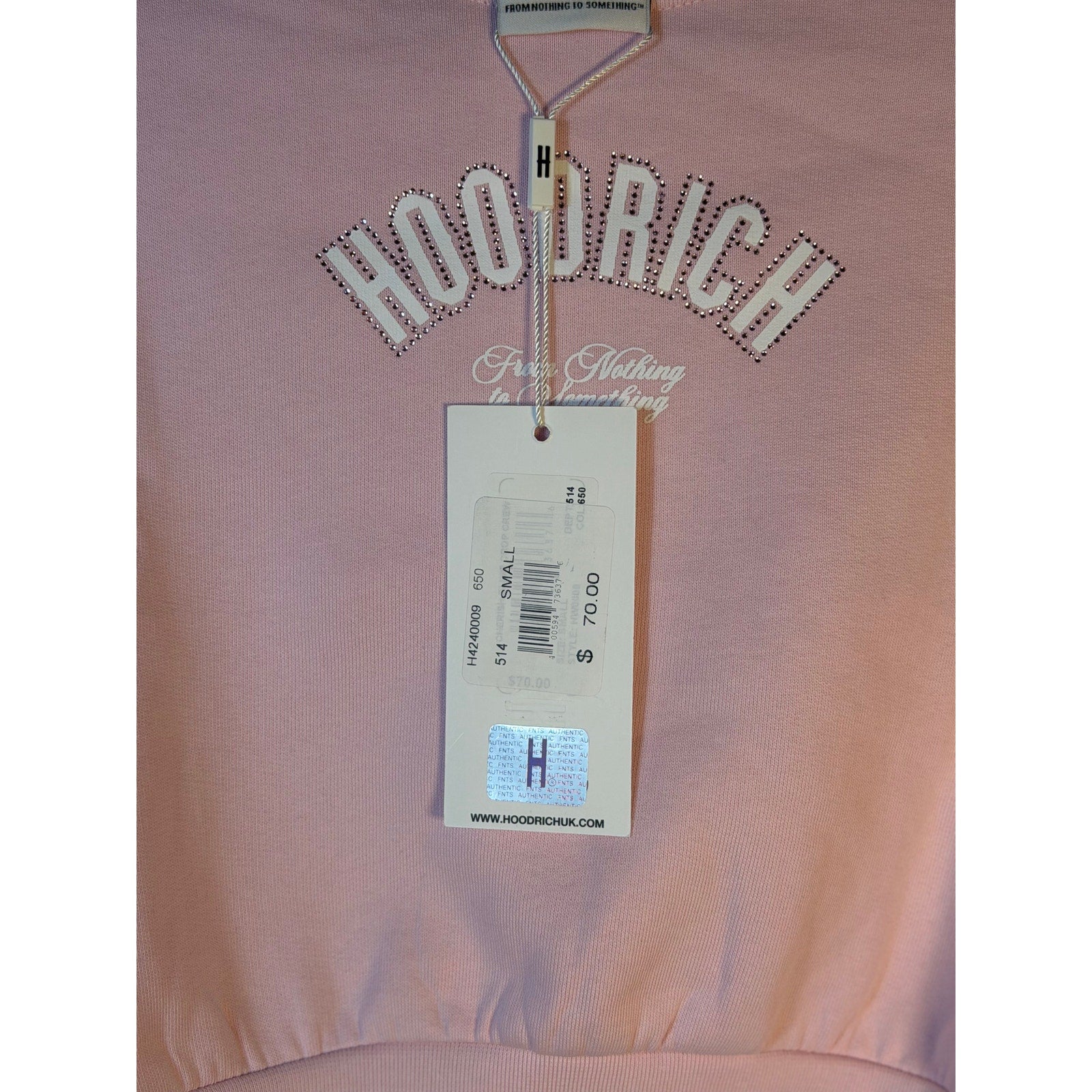 Pink Hoodrich cropped sweatshirt for women, with rhinestone logo detail and crewneck style, size small, new with tags.