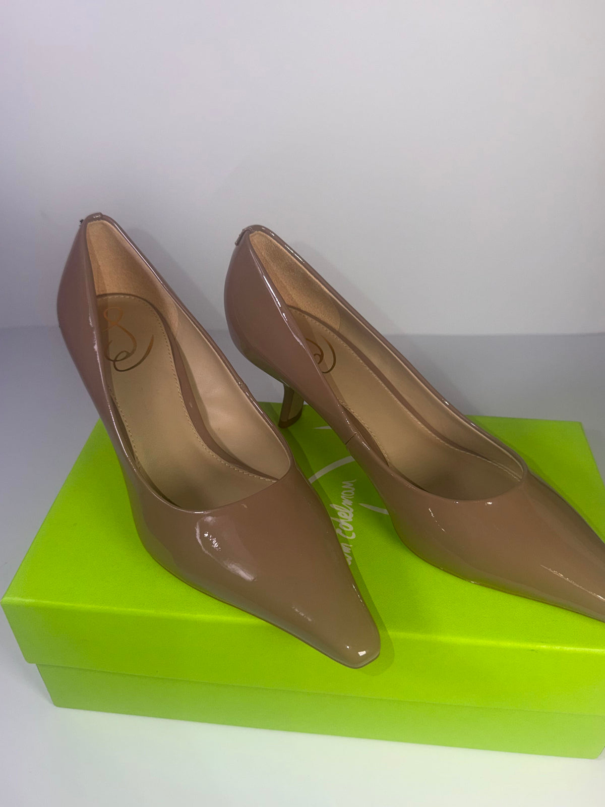 Sam Edelman Bianka taupe patent kitten heel pumps, US size 7, featuring sleek design and pointed toe, stylish for formal and casual wear.