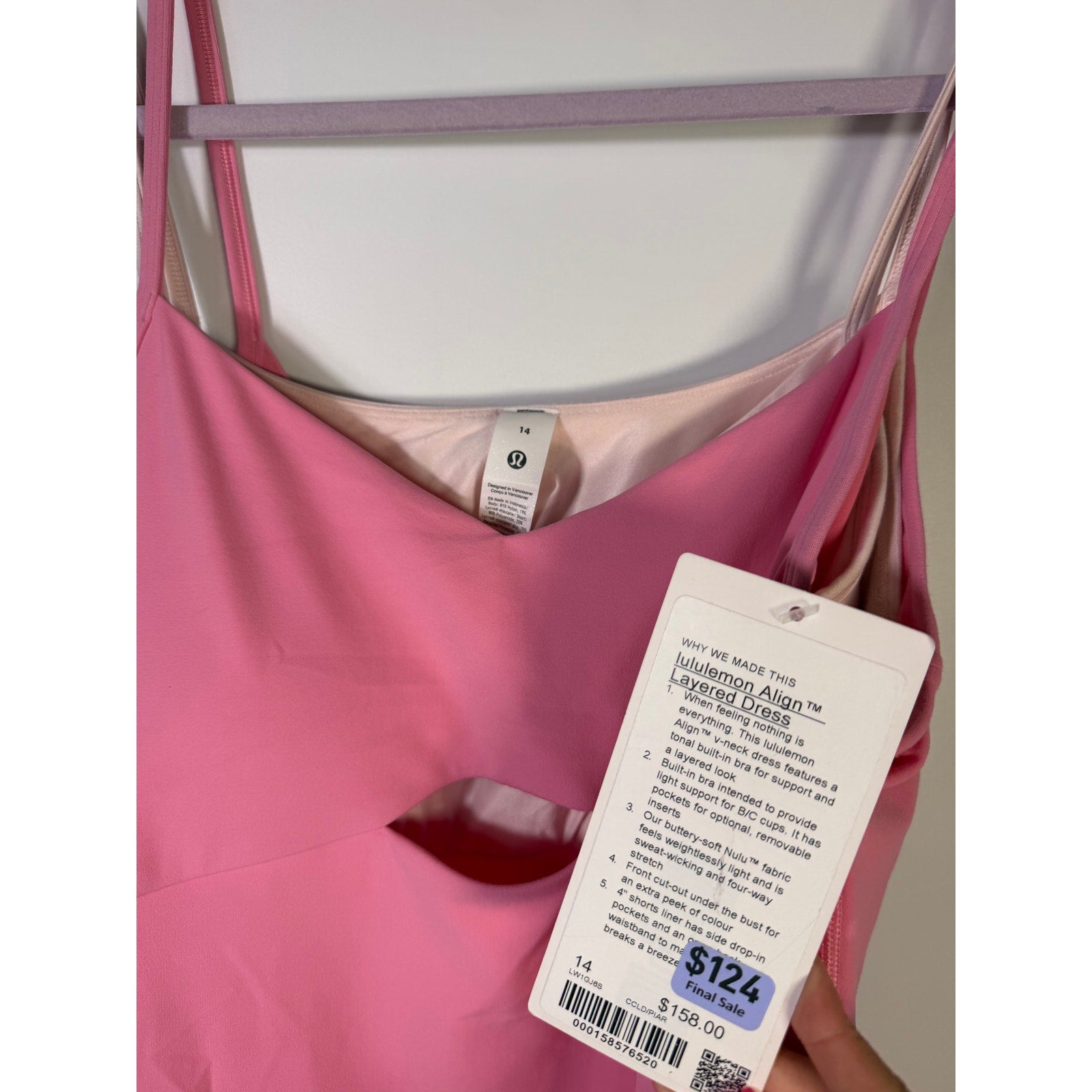 Pink Lululemon Align layered dress for women, size 14, with built-in bra, made from Nulu fabric, displayed flat.