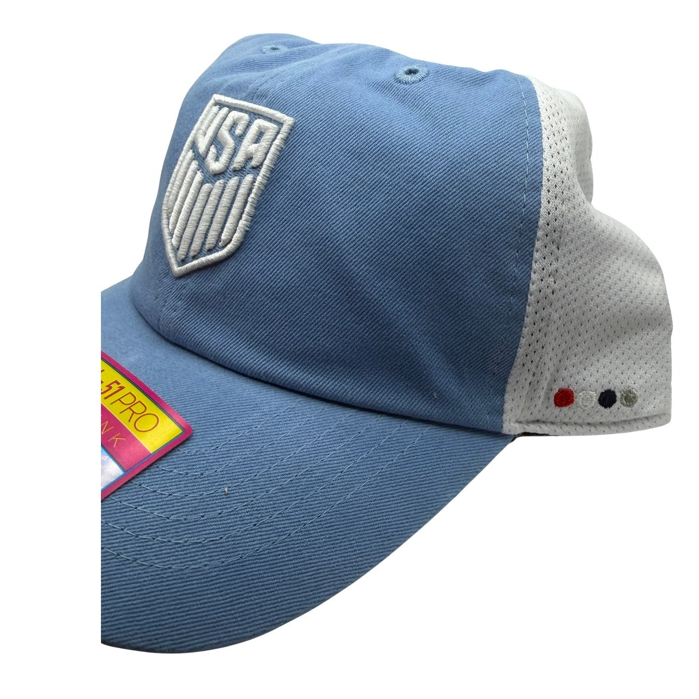 Fan Ink USA Soccer Fan Ink CL-51 Pro adjustable trucker hat in blue and white, featuring a curved brim and mesh back.
