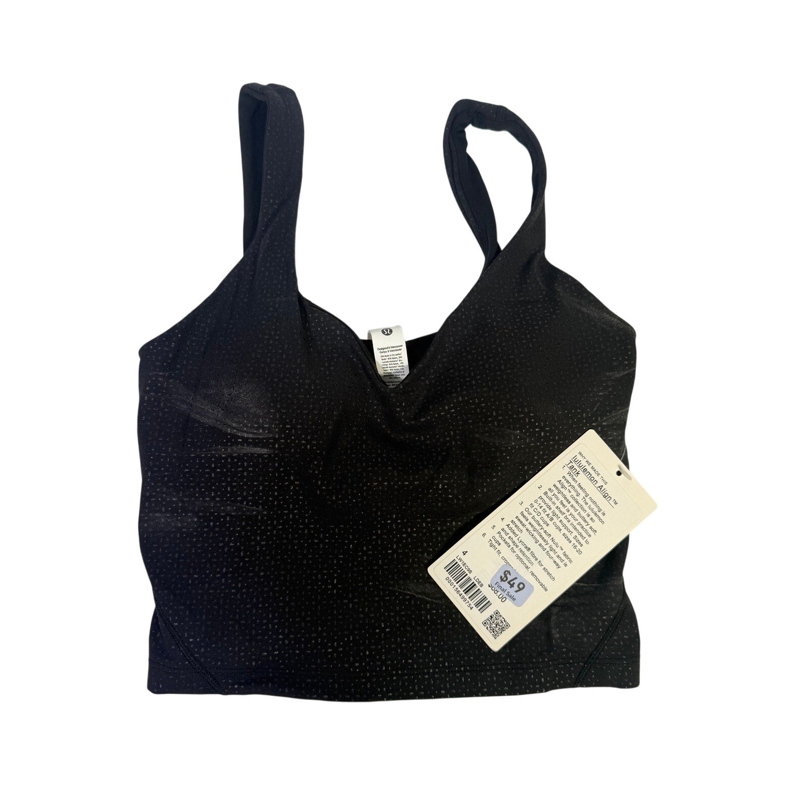 Lululemon Align tank top in black with sparkle detail, built-in bra, women's size 4, lightweight athletic tank top.