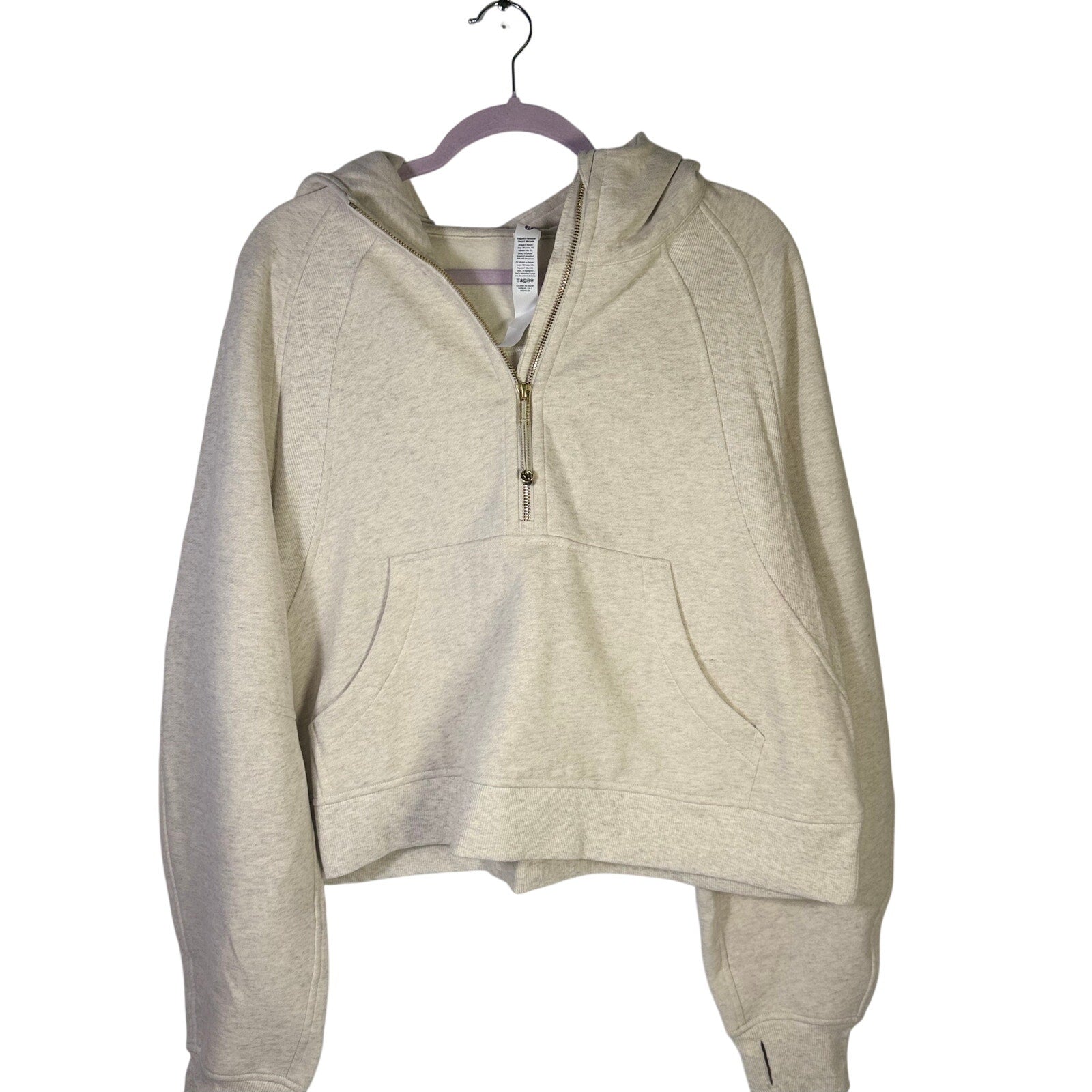 Lululemon Scuba oversized half-zip hoodie in heathered cream, XL/XXL, showing front view with zip detail and relaxed fit.