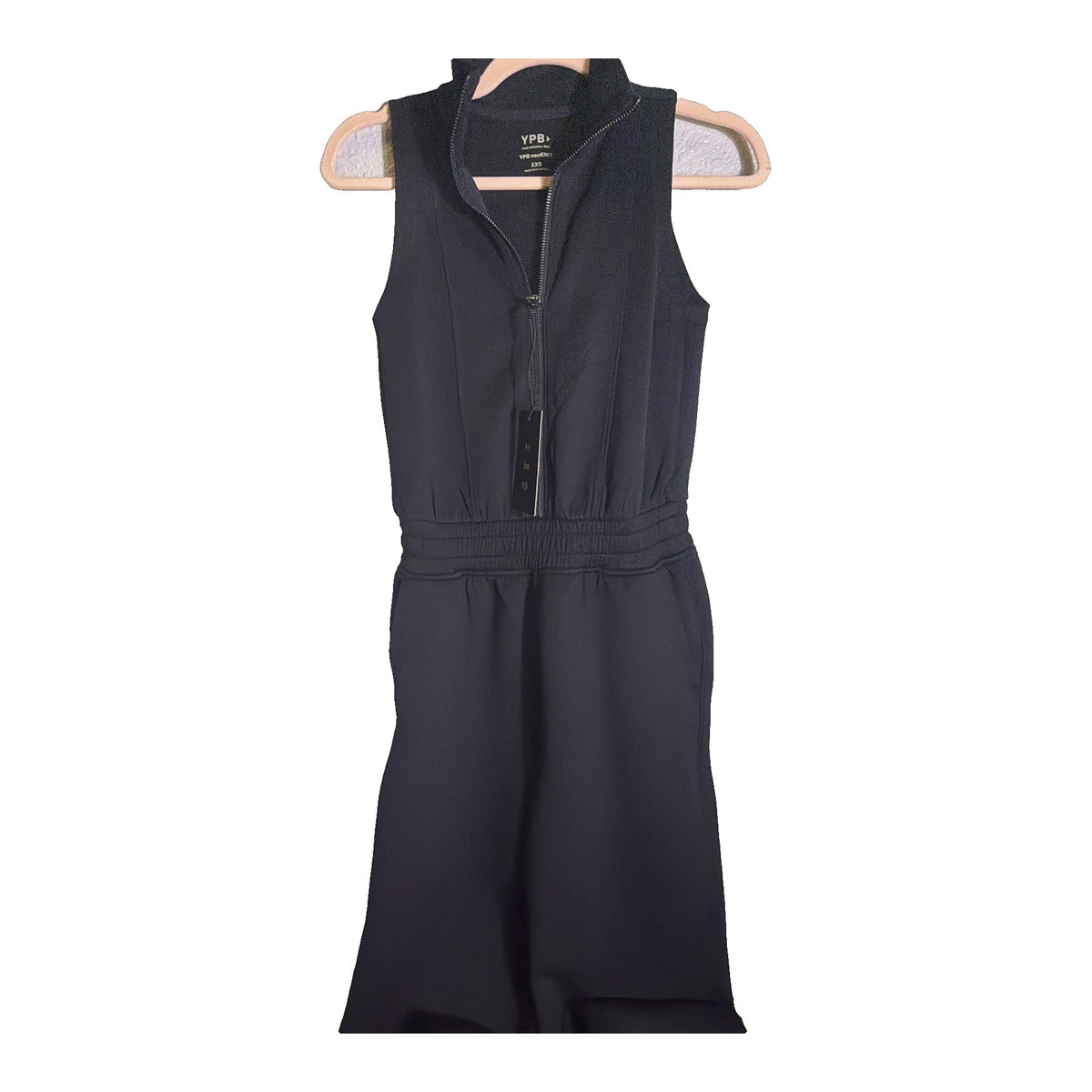 Black Abercrombie & Fitch YPB neoKNIT sleeveless half-zip jogger jumpsuit for women, XXS, shown on model.