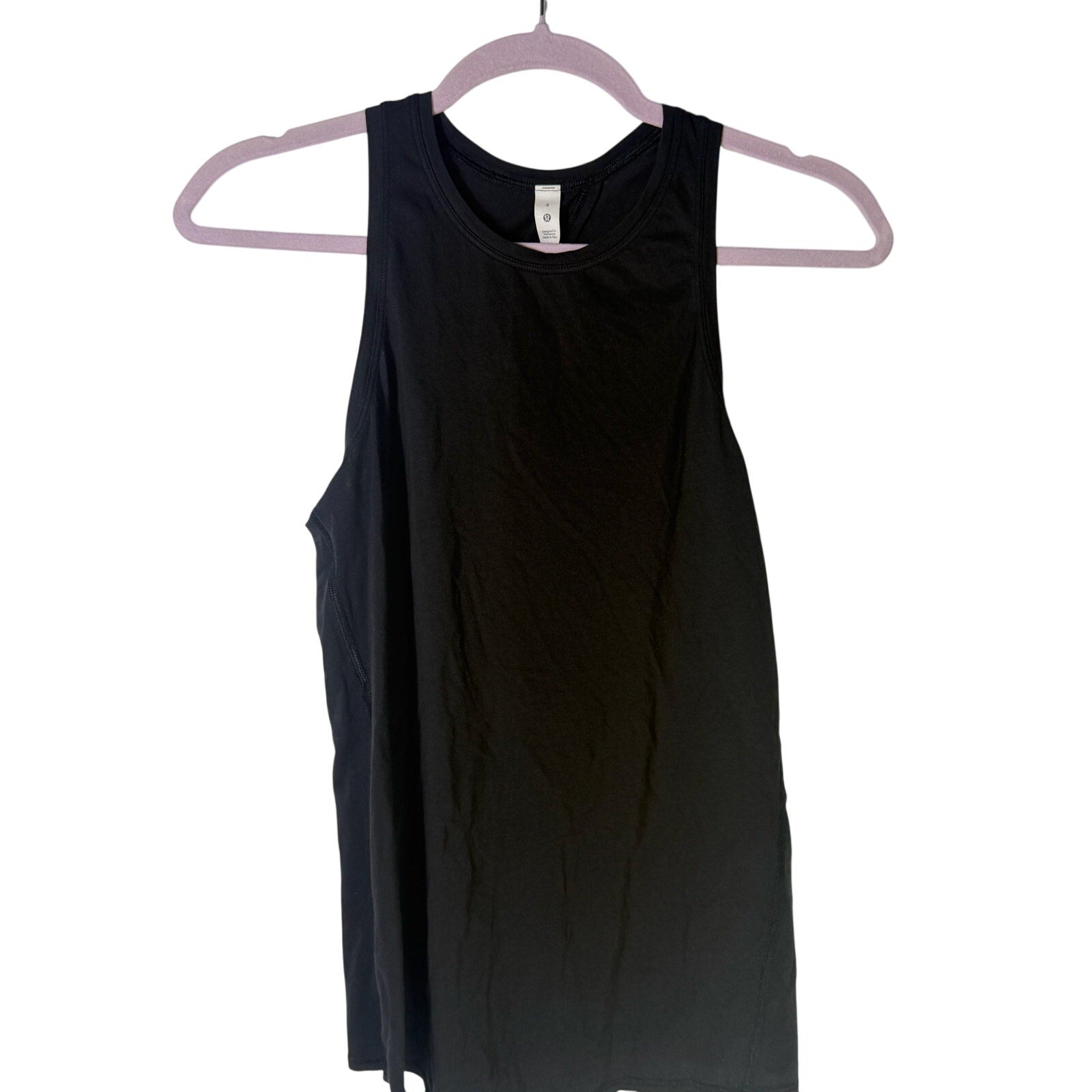 Lululemon women's black high-neck open-back athletic tank top, size 4, with fitted design and sleeveless style.