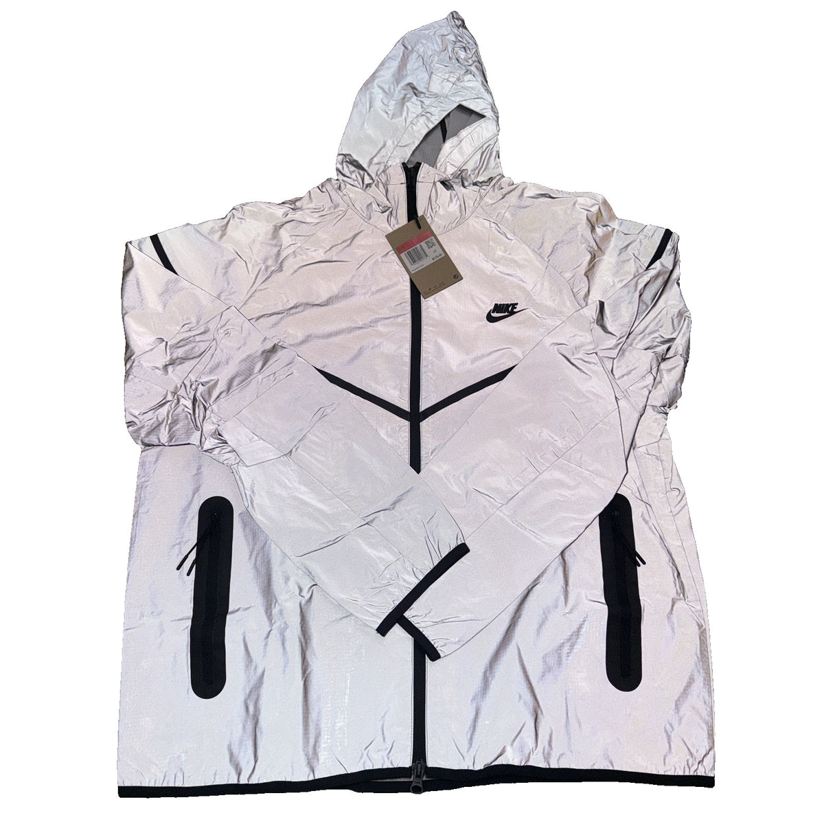 Nike Tech Windrunner men's reflective full-zip hooded jacket in silver, size L, with lightweight windproof design and hood.