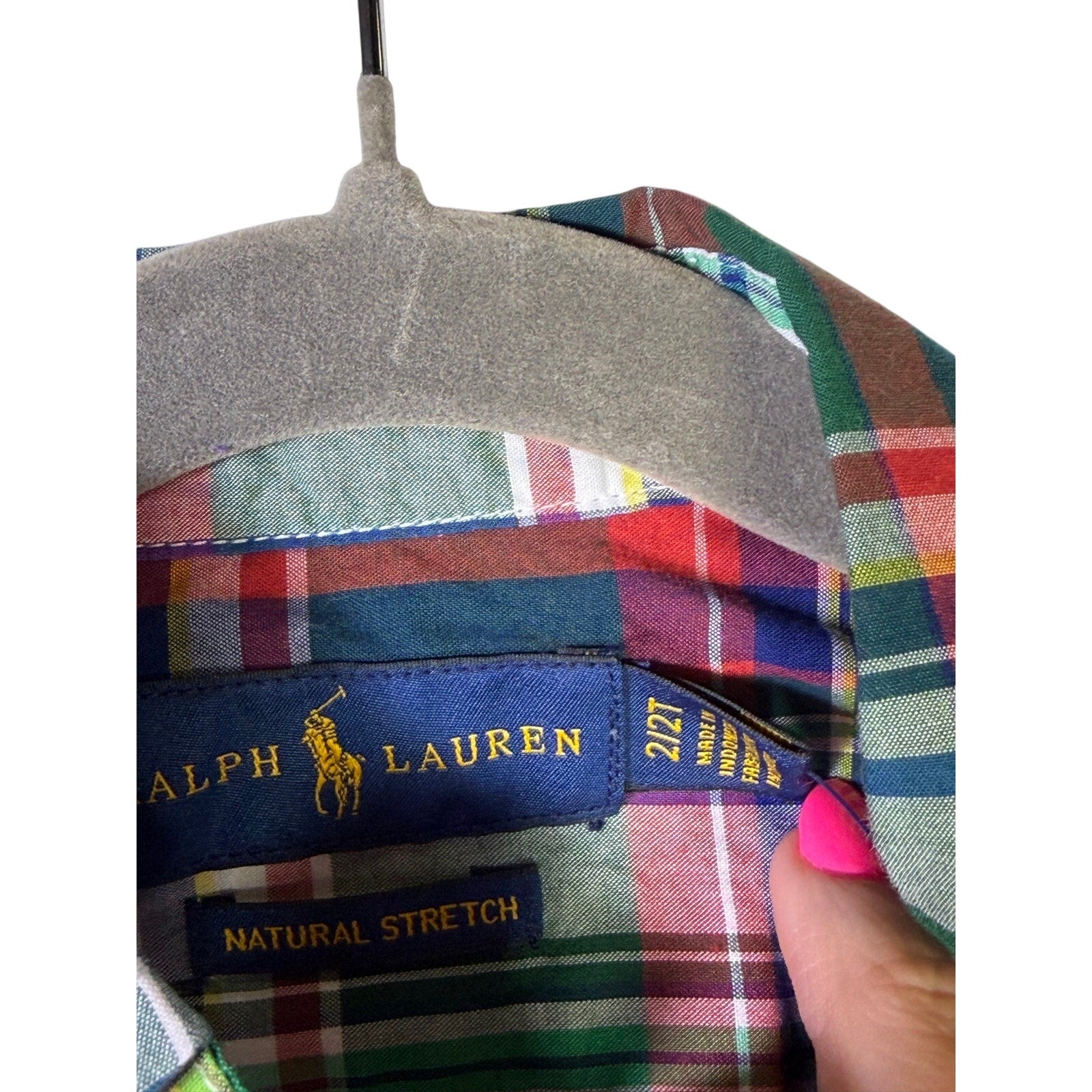 Ralph Lauren boys plaid shirt and khaki chino shorts outfit set for 2T, featuring a classic button-up shirt and matching shorts.