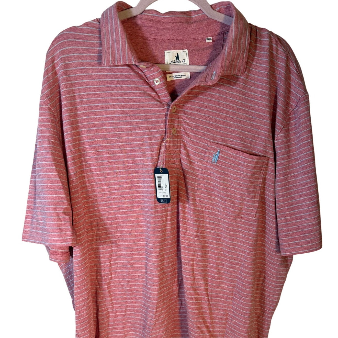 Johnnie-O men's pink and white striped polo shirt with pocket, XXL size, new with tags, casual men's fashion shirt