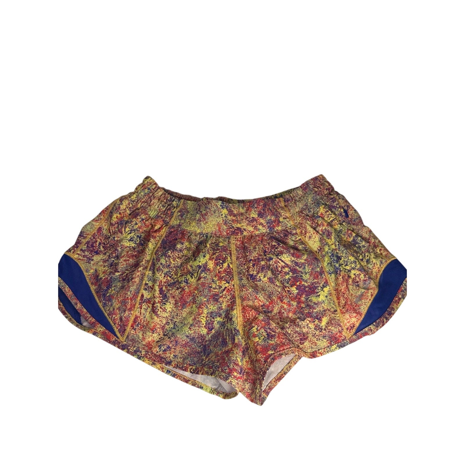 Lululemon women's multicolor printed running shorts in navy, size 6, featuring a lightweight, breathable fabric and vibrant design.