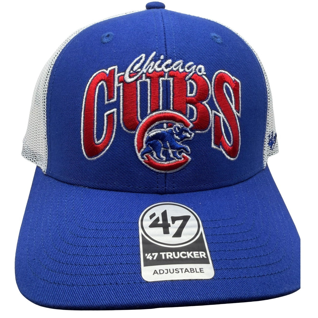 Chicago Cubs MLB ’47 Trucker Hat in blue and white, adjustable one size, featuring team logo and classic mesh design.