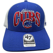 Chicago Cubs MLB ’47 Trucker Hat in blue and white, adjustable one size, featuring team logo and classic mesh design.