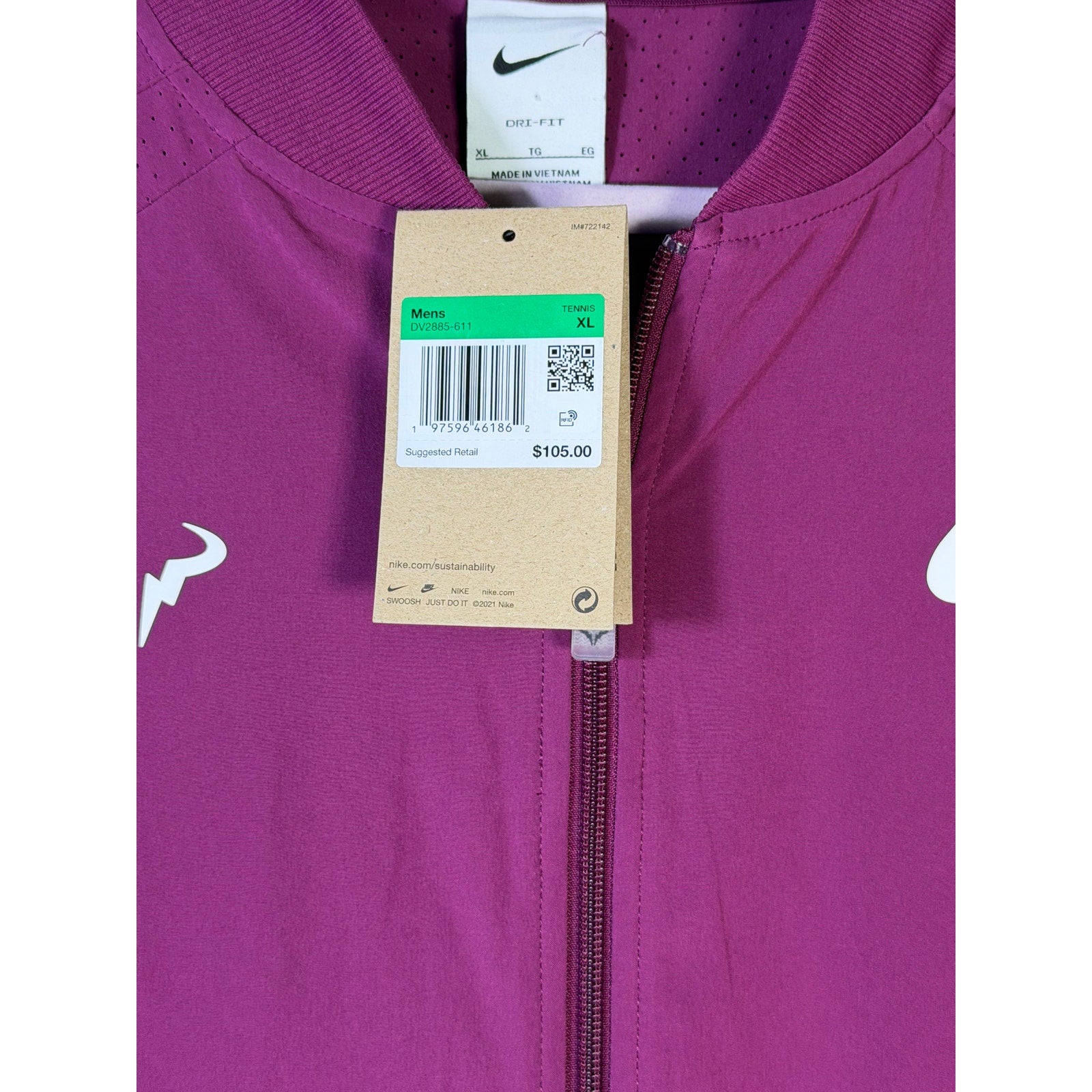 Nike Rafa Dri-FIT men's tennis jacket in purple, full zip, XL size, lightweight athletic jacket with Nike branding and sleek design.