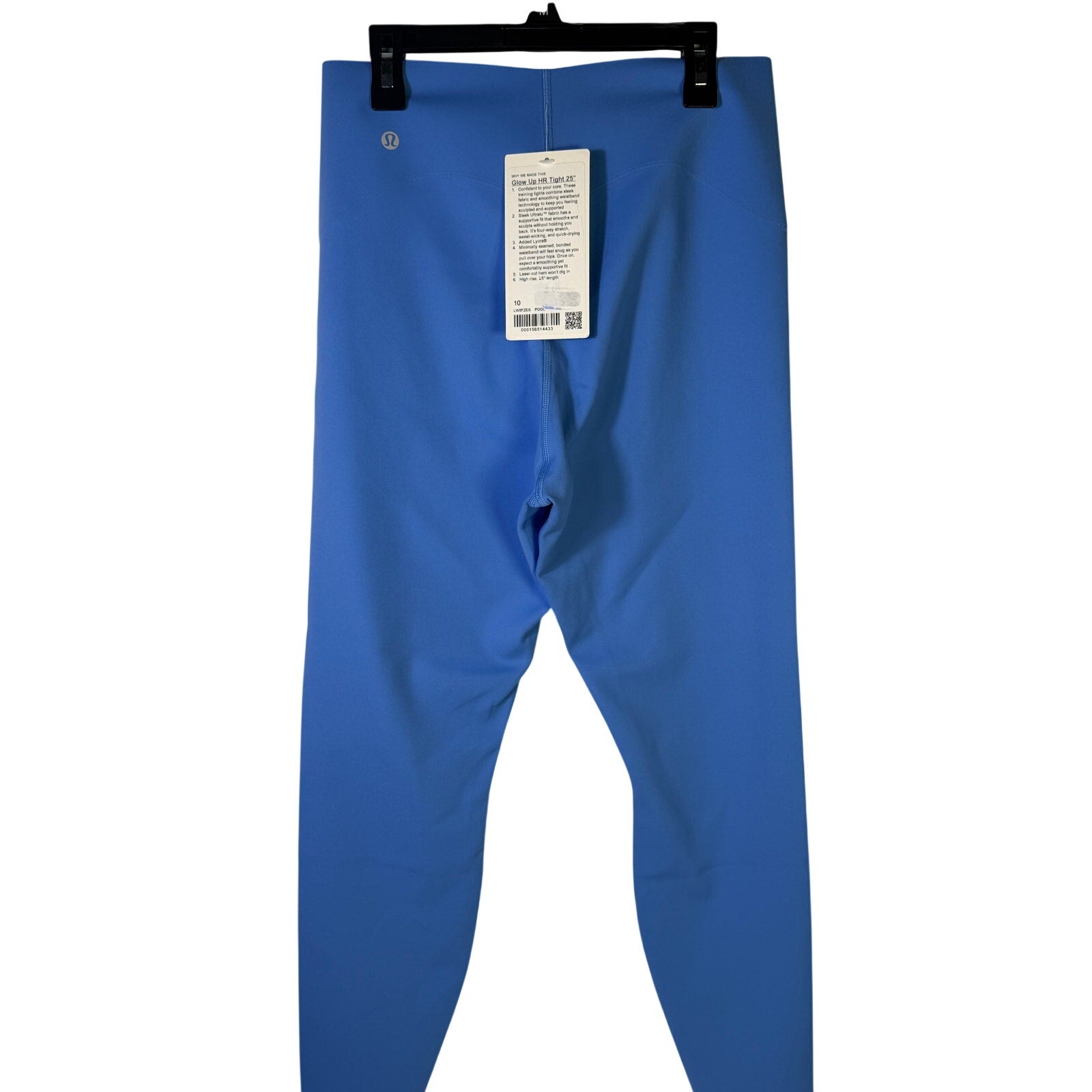 Lululemon Glow Up high-rise leggings in Pool Party Blue, size 10, featuring a sleek, form-fitting design and high waistband.
