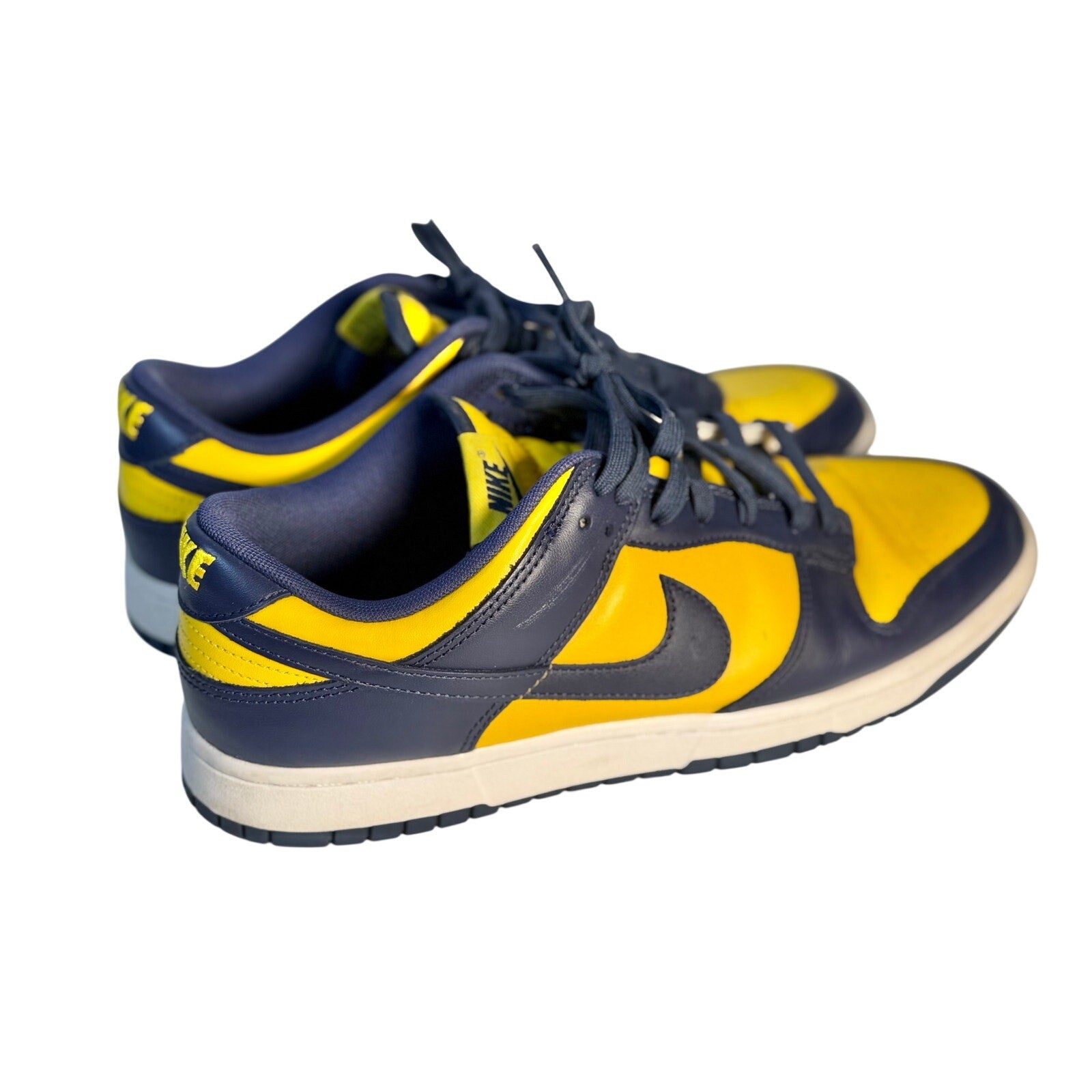 Nike Dunk Low Michigan Navy Yellow leather sneakers for men, US size 11, featuring navy and yellow color-blocked design.