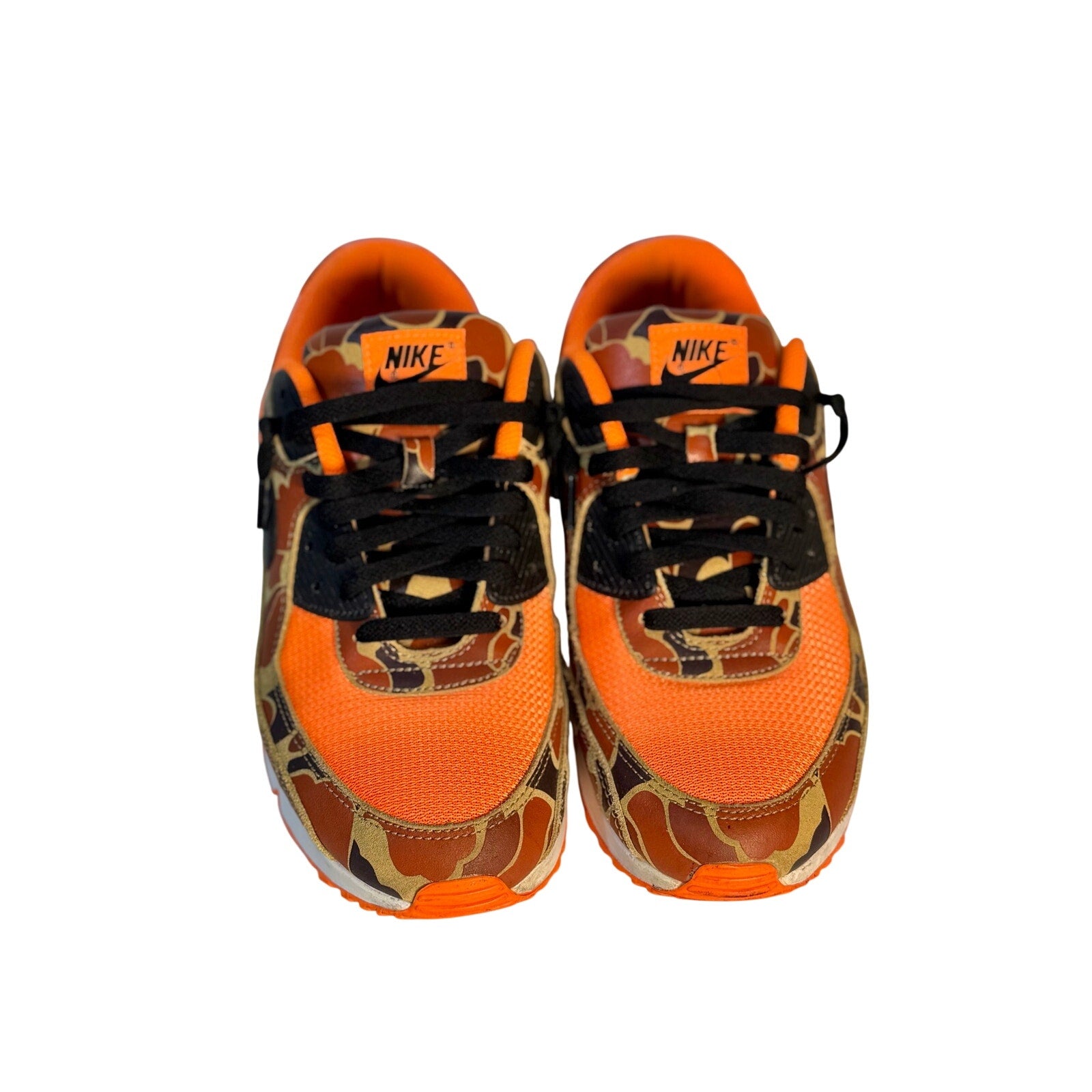 Nike Air Max 90 orange camo black sneakers for men, size 11, featuring a bold camo pattern and classic Air Max design.