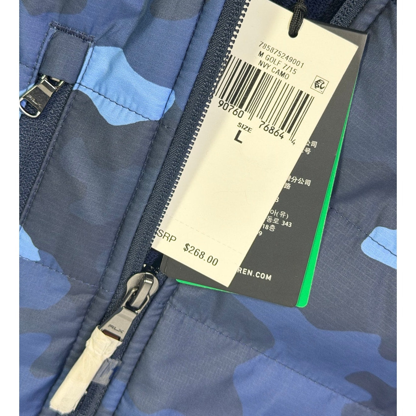 Navy blue Polo Ralph Lauren RLX men's hybrid camo jacket, size L, full zip, lightweight jacket, visible camouflage pattern on image.