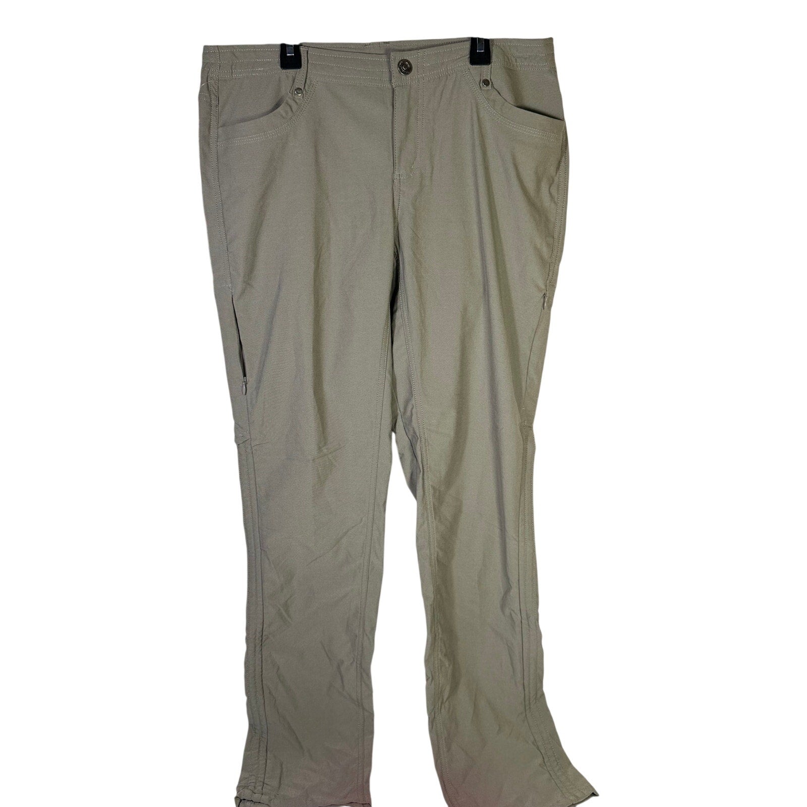 KÜHL women's gray hiking performance pants size 12 long shown with front pockets and durable fabric for outdoor activity.