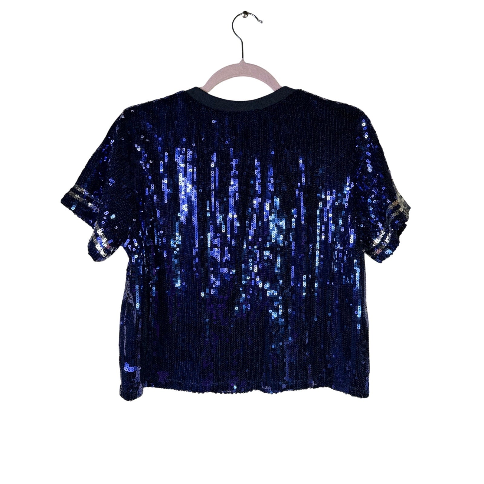 Women's navy blue T-shirt by The Wild Collective featuring Dallas Cowboys sequin star design, casual and stylish.