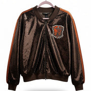 NFL Cleveland Browns women's sequin bomber jacket in orange with NFL branding and stylish sequin details, size XL.