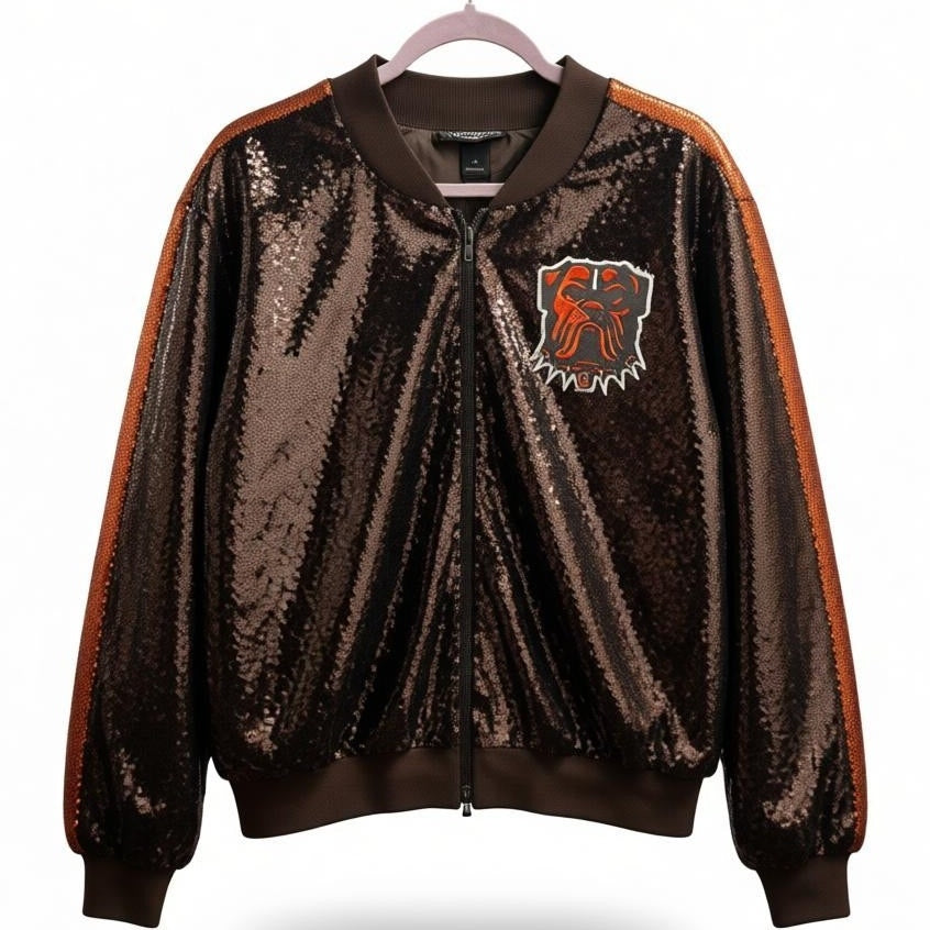 NFL Cleveland Browns women's sequin bomber jacket in orange with NFL branding and stylish sequin details, size XL.