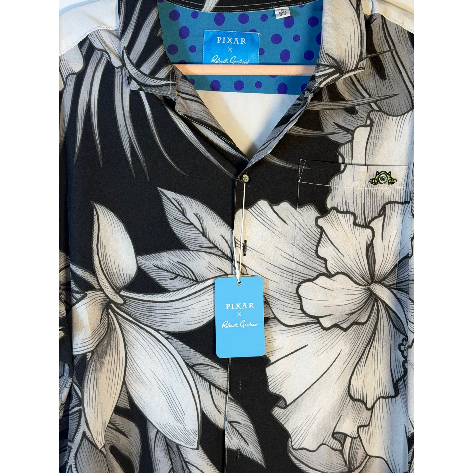 Black Robert Graham x Disney Pixar Hello Boys Hawaiian shirt in 3XL with colorful floral pattern, casual style, new with tags.
