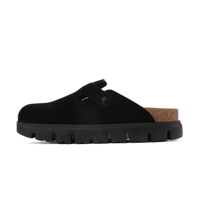 Black Birkenstock Papillio Boston Chunky Clog sandals for women, showcasing the open-toe slip-on design and chunky cork heel.