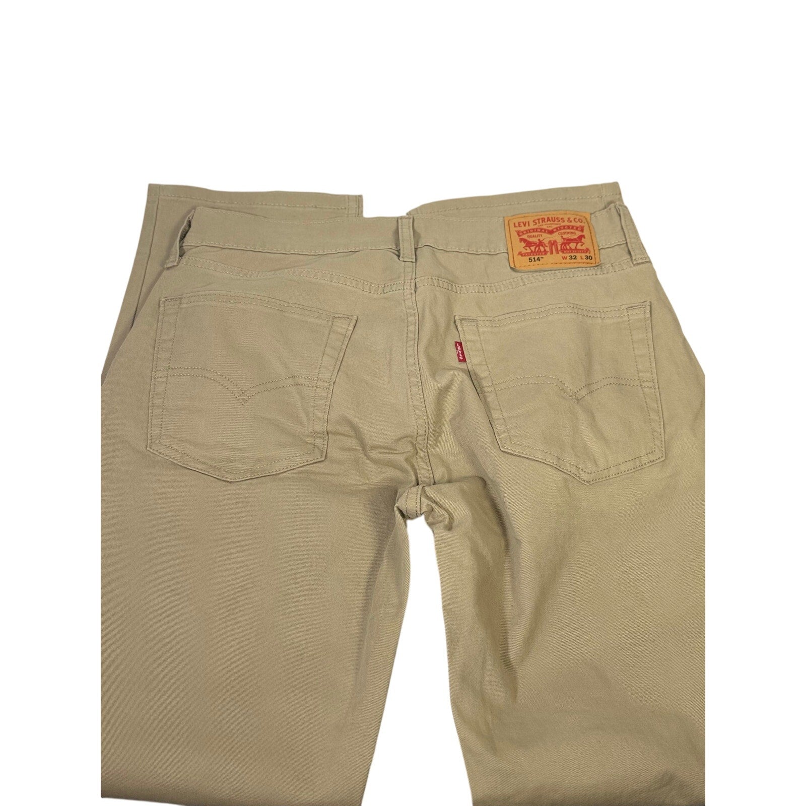 Levi's 514 men's straight fit stretch khaki pants in size 32x30, shown laid flat, new with tags.