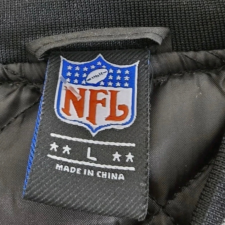 NFL men's varsity bomber jacket in black and gray with snap front, size large, featuring team logo and athletic style.