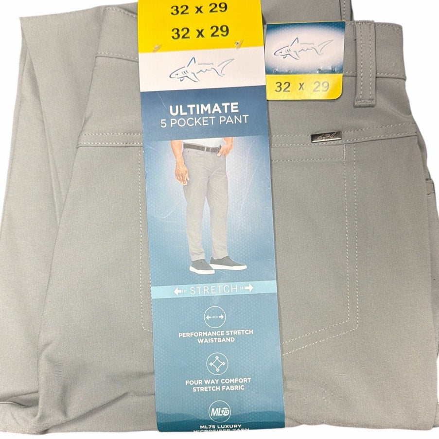 Greg Norman men's black microfiber 5-pocket pants, size 32x29, showing front view with belt loops and tailored fit.
