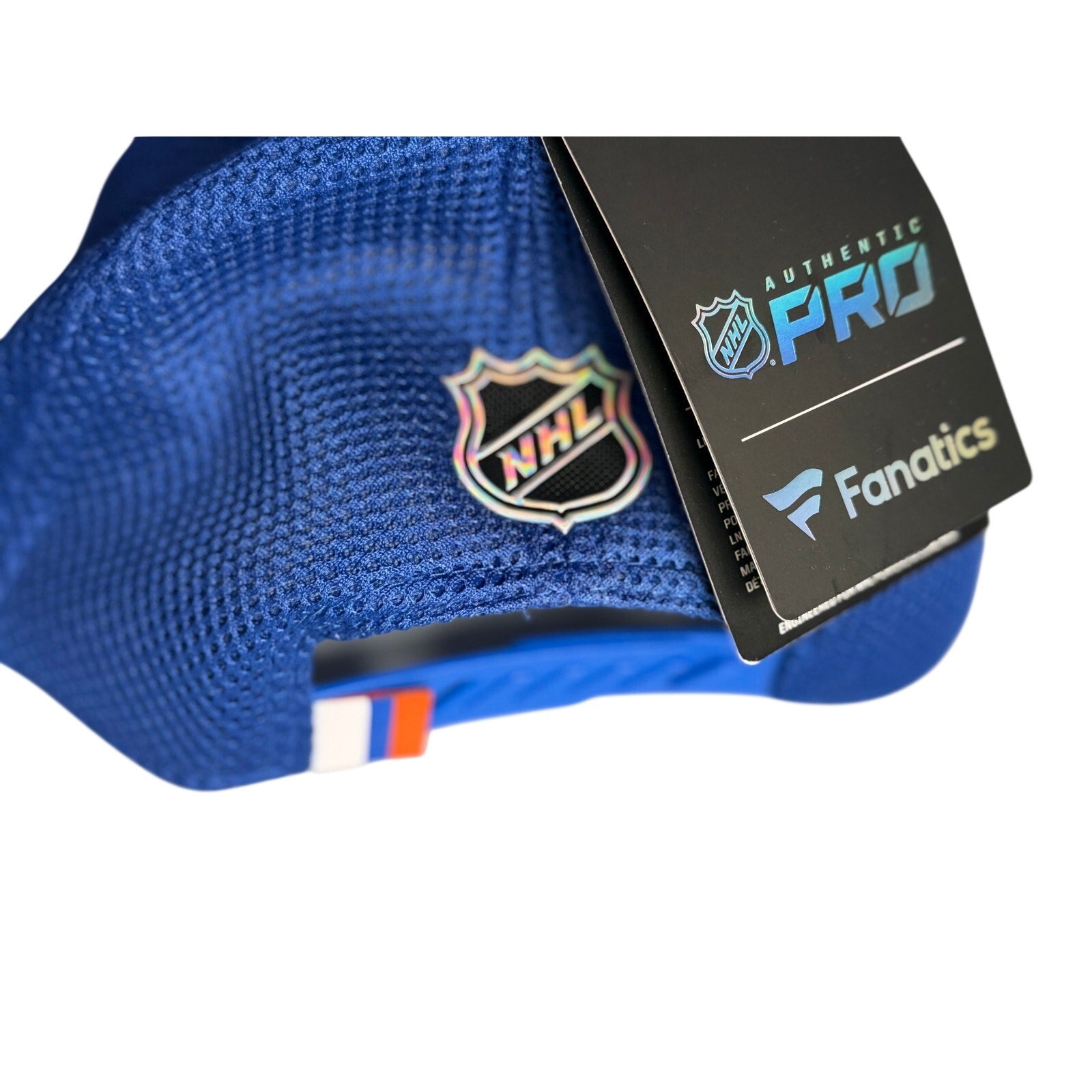 Fanatics New York Islanders blue adjustable mesh hat with team logo, authentic pro design, and structured brim.