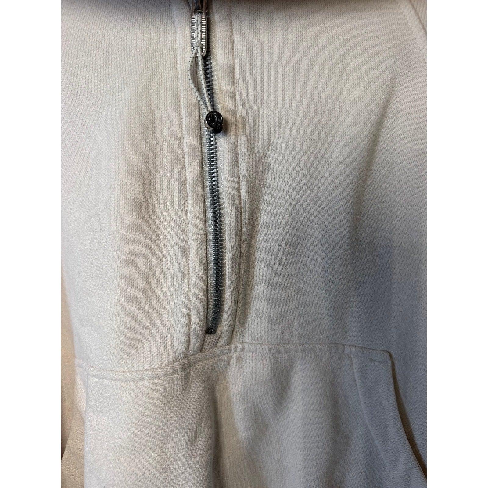 Lululemon women's cream scuba half zip hoodie, oversized pullover in XL/XXL, showing front view with half zip and relaxed fit.