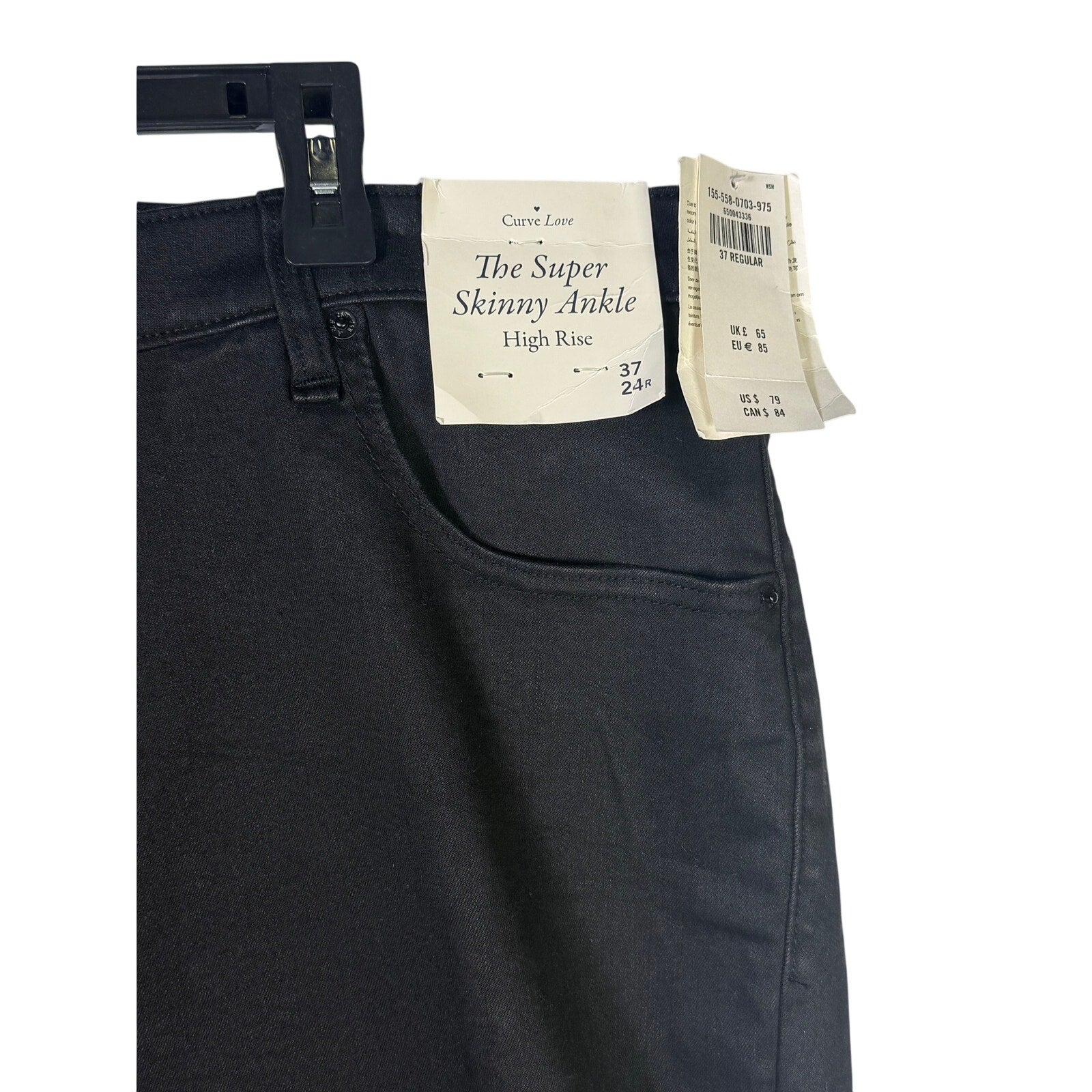 Black Abercrombie & Fitch Women’s Curve Love Super Skinny Ankle Jeans, size 37, displayed on a hanger.