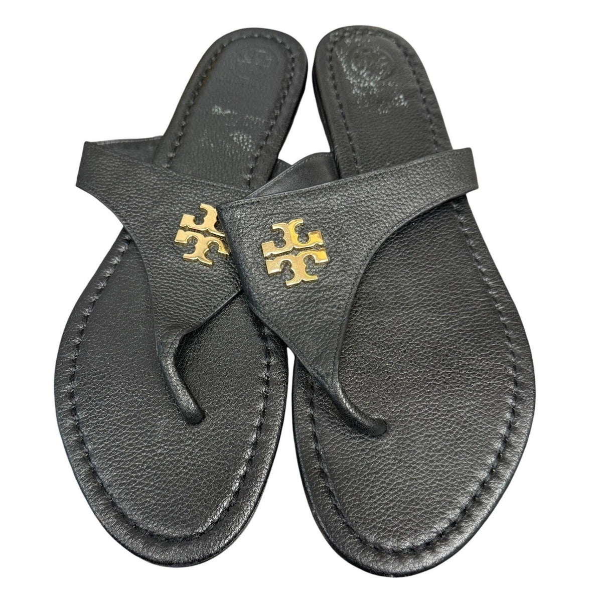 Tory Burch Laura Flat Thong Sandals Leather Black Gold Women's 10.5W
