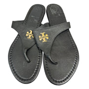 Tory Burch Laura Flat Thong Sandals Leather Black Gold Women's 10.5W