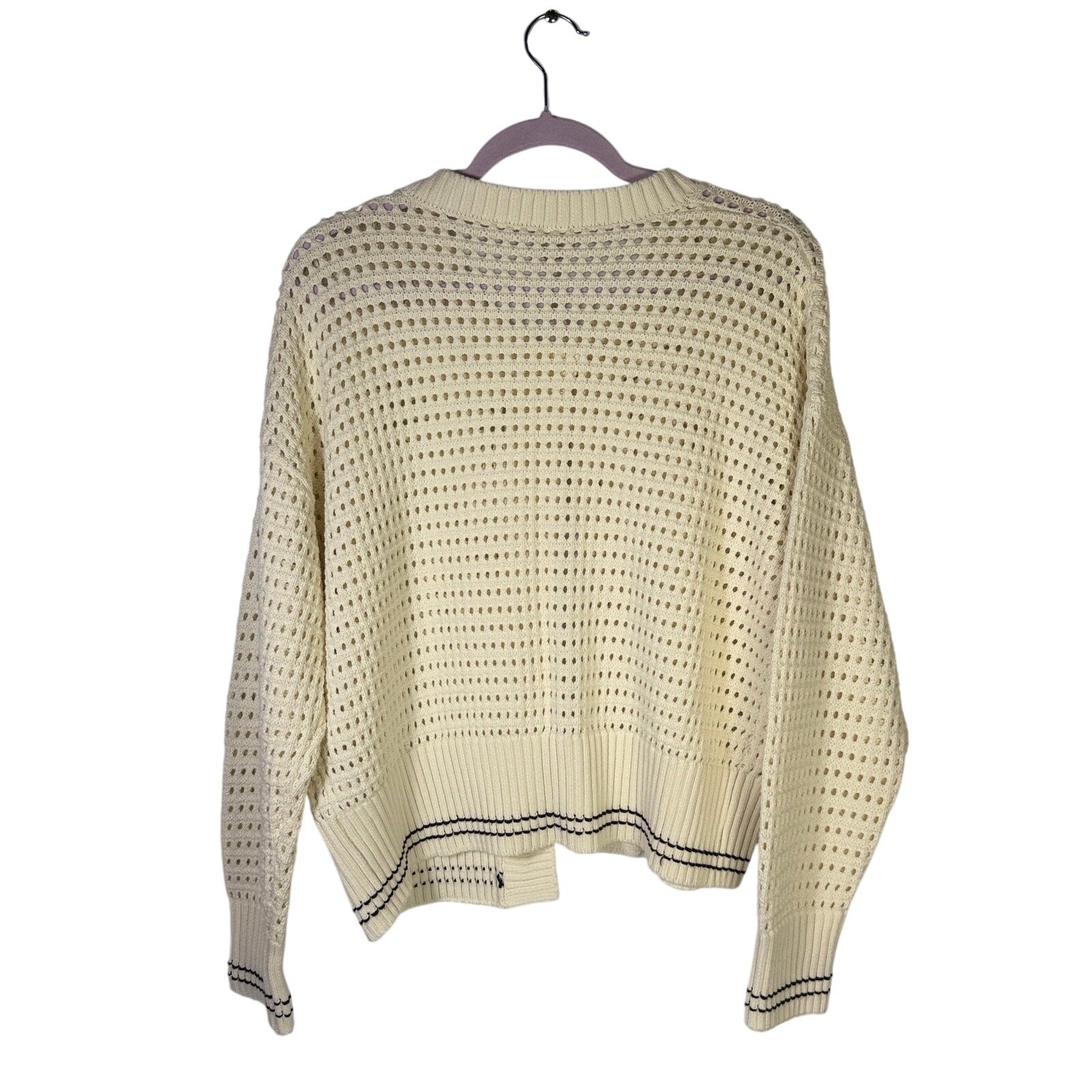 Magaschoni women’s cream open-knit button cardigan sweater, size large, displayed flat with front view and button details.